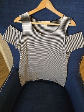Michael Kors Black and White Striped Cold-Shoulder Top 95%Cotton
